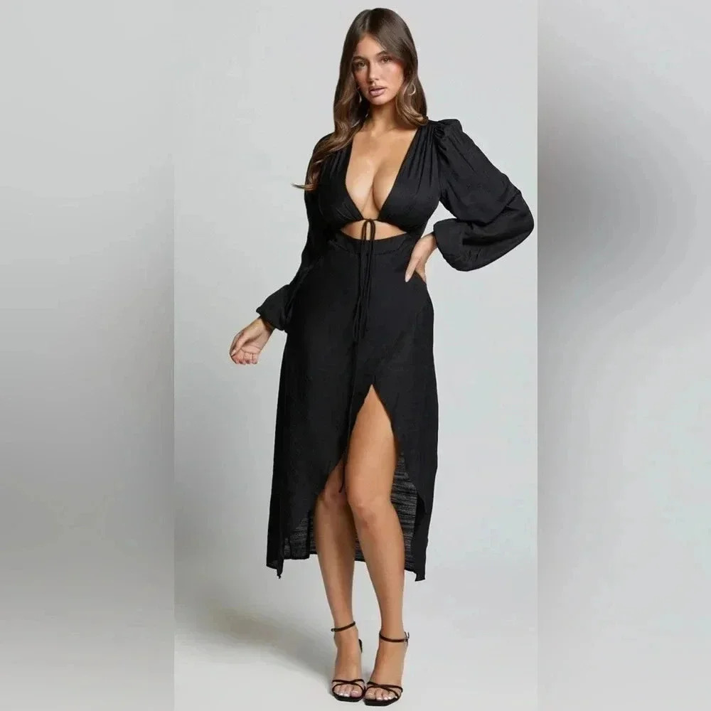 NWT Showpo. Demieh Midi Dress - Front Cut Out Long Sleeve Dress in Black
